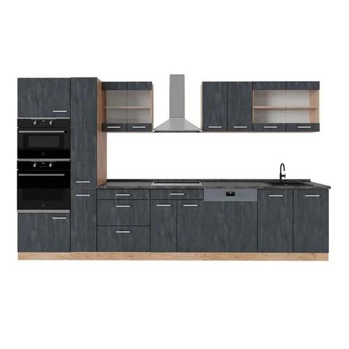 Cuisine Complète R-Line, 350 Cm , Pt Anthracite, Béton Noir/Chêne Doré, Vicco