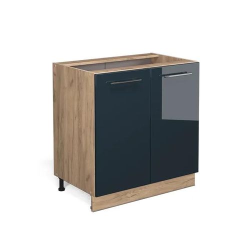 Meuble Bas Sous-Évier Fame-Line, 80 Cm Avec Étagère, Sans Plan De Travail, Bleu Foncé Brillant, Vicco