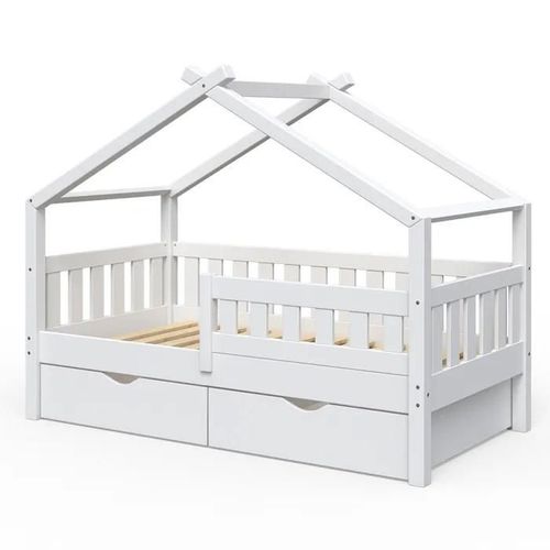 Lit Cabane Design, 80x160 Cm Avec 2 Tiroirs, Blanc, Vitalispa