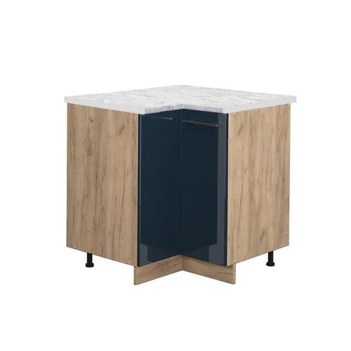 Meuble D'angle Bas De Cuisine Fame-Line, 80.5 Cm , Pt Marbre, Bleu Foncé Brillant, Vicco