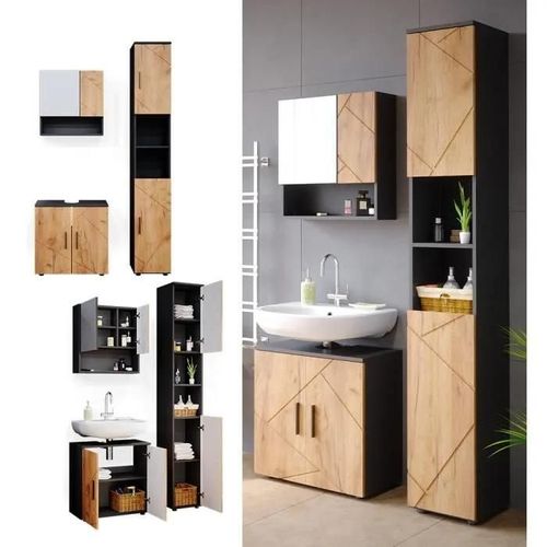 Vicco Ensemble De Meubles De Salle De Bains, Irma, Anthracite Chêne, Armoire Miroir, Meuble Vasque, Armoire Haute
