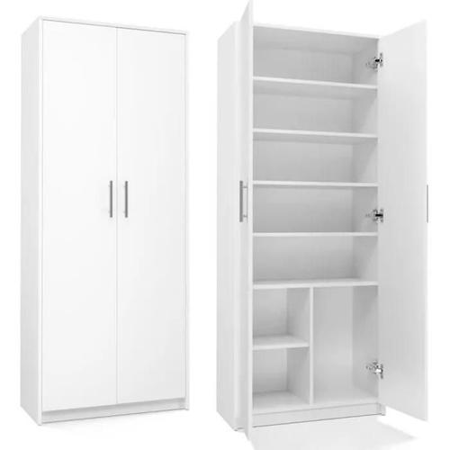 Parla - Armoire Moderne 6 Étagères - 180x74x35cm - Meuble De Rangement - Armoire Bureau - Blanc