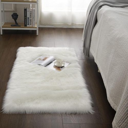 Peau D'agneau Tapis/Imitation Toison Moquette,Décoration Tapis Fourrure Synthétique Pour Le Salon,De Chaise Canapé Natte La Chambre À Coucher Ou D'enfants,Lit (Blanc,70x135cm)