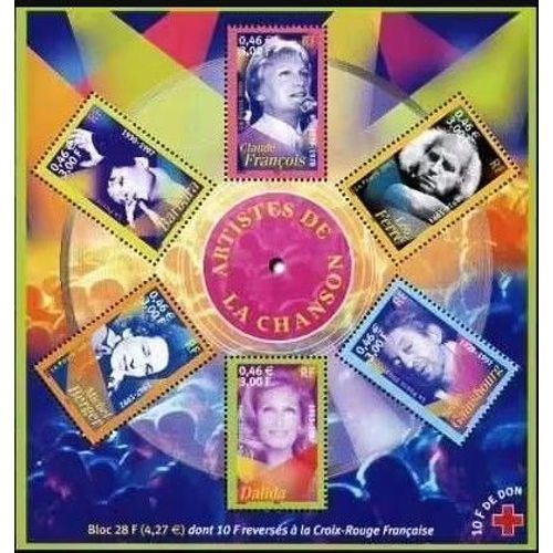 France 2001, Très Beau Bloc Feuillet Neuf** Luxe Yvert Bf 37, Artistes Français De La Chanson, Timbres 3391 C. François, 3392 Ferré, 3393 Gainsbourg, 3394 Dalida, 3395 M. Berger, 3396 Barbara.