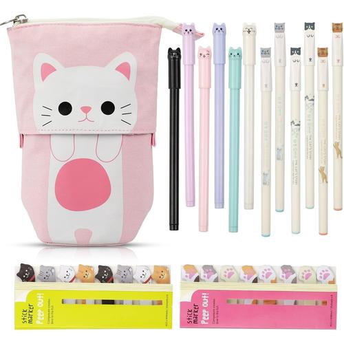 Sac À Stylo Télescopique En Toile Et 6 Stylo Chat Mignon Multicolore 0,38 Mm Et 6 Stylo D¿Écriture Kawaii 0.5mm Et Onglets Drapeaux De Signets De Page Pour Fournitures De Bureau École