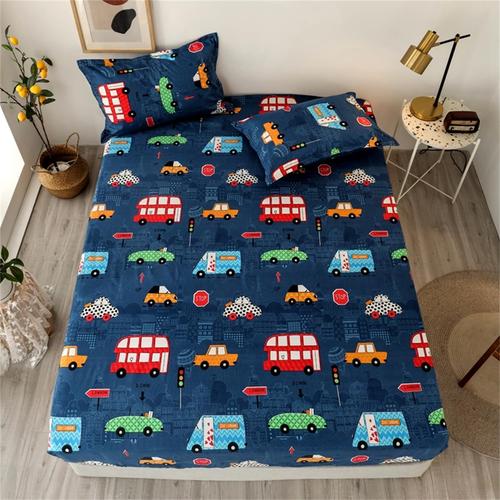 Drap Housse 180x200x30cm Bleu Enfant Drap De Lit Voiture Animé Mignon Garçon Respirant Housse De Matelas Hypoallergénique Sans Repassage Ourlet Élastique Solide Convient Aux Matelas À Moins De 30cm