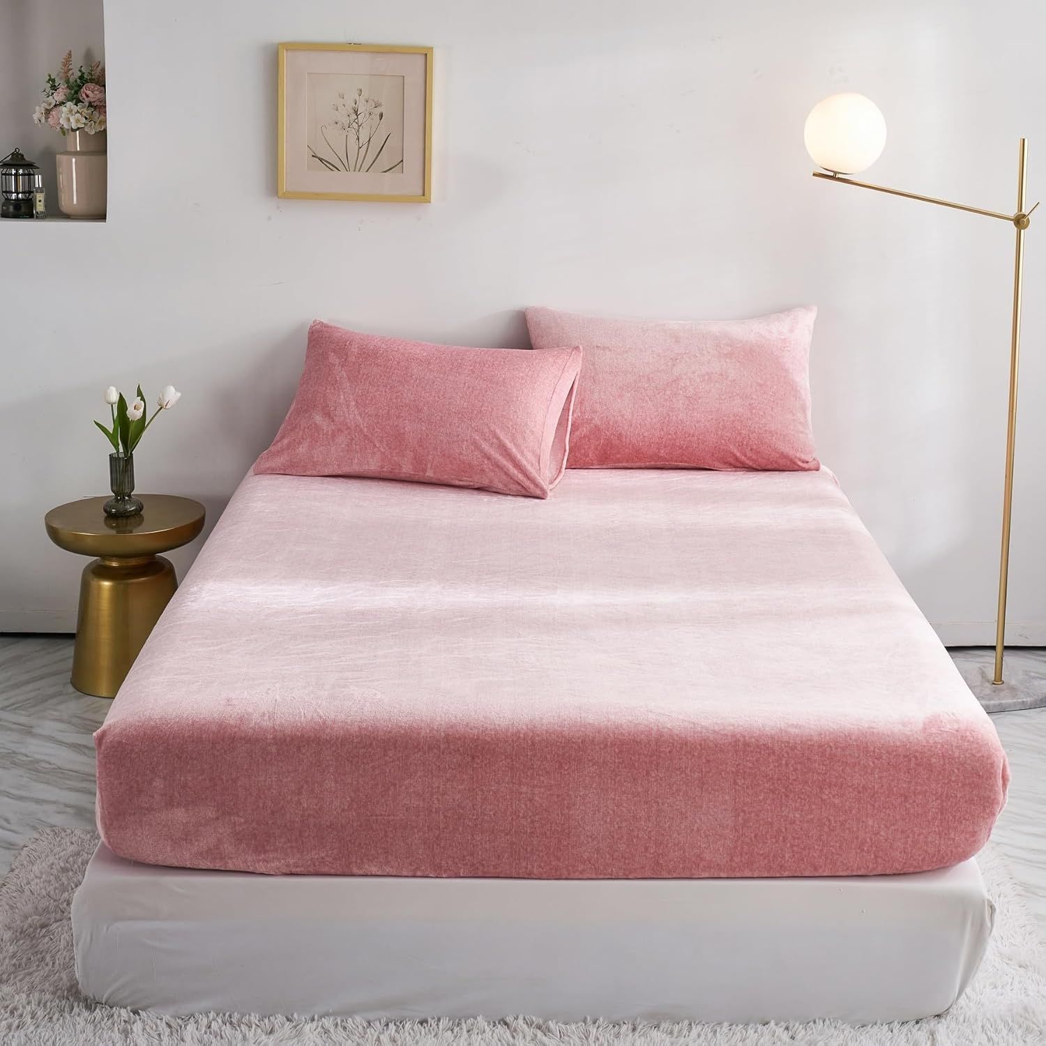 Drap Housse Polaire 200x200 Rose Bonnet 30 Cm Hiver Toucher Cachemire Flanelle Drap De Lit Microfibre Super Chaud Pour Matelas Épais