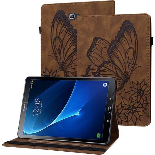 Coque Galaxy Tab A6 Housse En Cuir Pu Portefeuille Papillon En Relief Porte-Stylo Etui Tablette Pour Samsung Galaxy Tab A 10.1 Pouces 2016 Sm-T580 / Sm-T585 - Brun