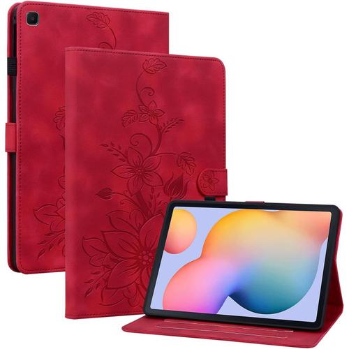 Coque Samsung Galaxy Tab S6 Lite 10.4 2024/2022/2020 Sm-P610/ P613/ P615/ P619/ P625/ P627, Multi-Angles Housse De Protection En Similicuir Avec Porte-Carte Couverture Motif Lys, Rouge