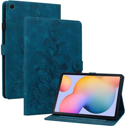 Coque Samsung Galaxy Tab S6 Lite 10.4 2024/2022/2020 Sm-P610/ P613/ P615/ P619/ P625/ P627, Multi-Angles Housse De Protection En Similicuir Avec Porte-Carte Couverture Motif Lys, Bleu