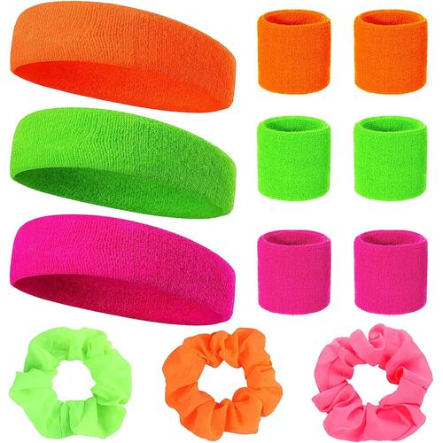 Serre Poignet Fluo Annees 80 12 Pi¿¿Ces Set 6 Pi¿¿Ces Bracelet Fluo 3 Pi¿¿Ces Bandeau Et 3 ¿¿Lastiques ¿¿ Cheveux Fluo Fluo R¿¿Tro Accessoires F¿ºte Pour Femmes Hommes 3 Couleurs Rose Vert Orange