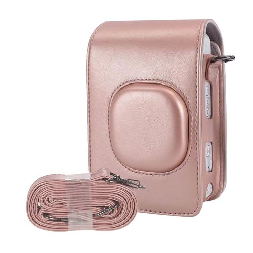 Étui en cuir PU pour appareil photo instantané,sacoche compacte avec bandoulière Compatible avec Fuji Instax mini LiPlay - Type Rose Gold