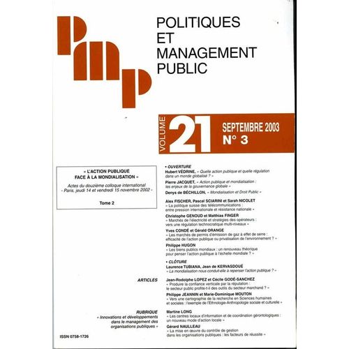 Politiques Et Management Public - Volume 21  N° 3 : L'action Publique Face À La Mondialisation - Tome 2