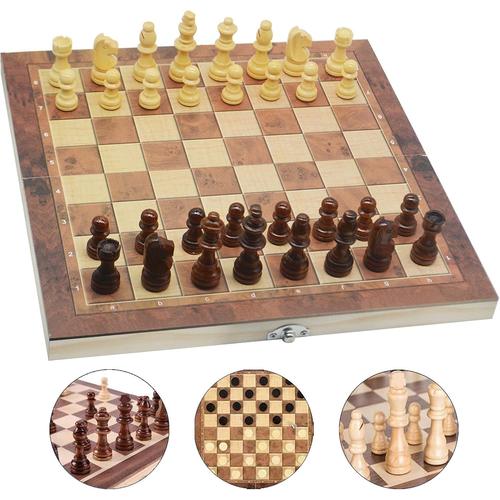 Jeu D'échecs, 3 En 1 Echecs En Bois,Pliable Portable Ensemble Échiquier Bois,Jeu D Echec Pour Enfants Et Adultes (En Bois(39 * 39cm)