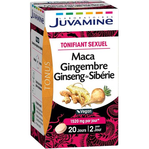 Juvamine - Maca Gingembre Et Ginseng De Sibérie - Tonifiant Sexuel - Tonus Et Vigueur - Tonifiant - Stimulant - Programme De 20 Jours - 40 Comprimés - Fabriqué En France