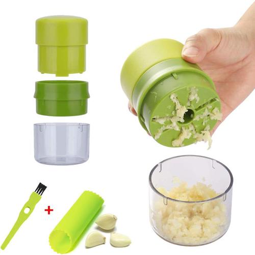 Presse-Ail, Garlic Press 3pcs De Ensemble, Professional Manuel Garlic Press Avec Éplucheur A L'ail Et Brosse De Nettoyage, Hachoir Alimentaire Trancheuse Arachide Noyer Outil De Cuisine (Vert)