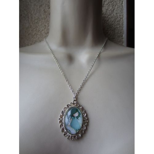 Collier Avec Cabochon Bleu Et Argenté En Verre