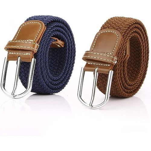 Lot De 2 Ceintures Tressées Pour Femme En Toile Extensible Avec Ceinture Élastique Pour Homme Jeans Pantalons Habillés, Marron Et Bleu Marine