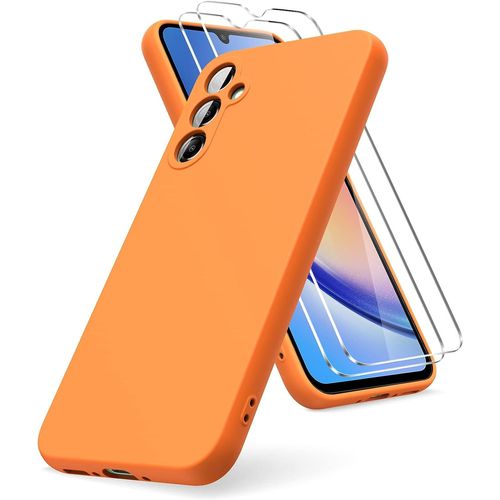 Coque Compatible Avec Samsung Galaxy A34 5g, 2 Film De Protection En Verre Trempe, Housse Souple En Tpu En Silicone Liquide, Housse En Caoutchouc Antichoc - Orange