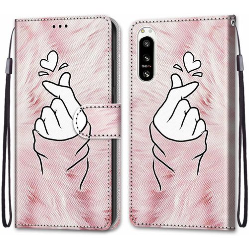 Coque Pour Sony Xperia 5 Iv, Etui En Cuir Pu Portefeuille Housse Coque Avec 360 Degres Silicone Antichoc Protection Cover Cuir Pochette Magnetique Und Flip Bequille (Doigt Coeur)