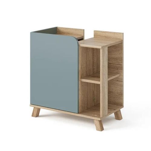 Meuble sous lavabo Karen, 60 x 65 cm avec porte et compartiments ouverts, Bleu-gris, Vicco
