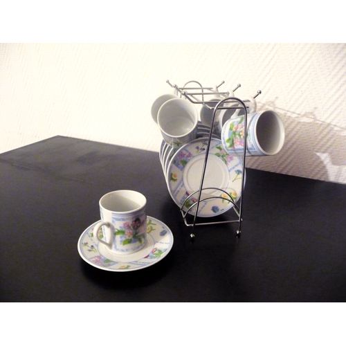Service À Café En Porcelaine Multicolore Avec Support, 6 Tasses, Soucoupes- Neuf