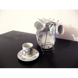 Service À Café En Porcelaine Multicolore Avec Support, 6 Tasses, Soucoupes- Neuf