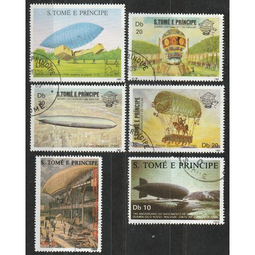 Lot De 6 Timbres Sao Tomé E Principe Oblitérés, Thème: Dirigeables Et Montgolfières 1983 Et 1988.