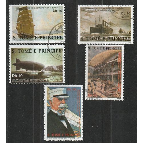 Série Entière De 5 Timbres Sao Tomé E Principe Oblitérés 1988, Thème: 150e Anniversaire De Ferdinand Graf Von Zeppelin.