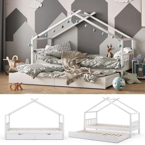 Vitalispa Lit Enfant Design, Lit Cabane, Lit D?Appoint, Sommier À Lattes, Blanc, 90 X 200, Tiroir