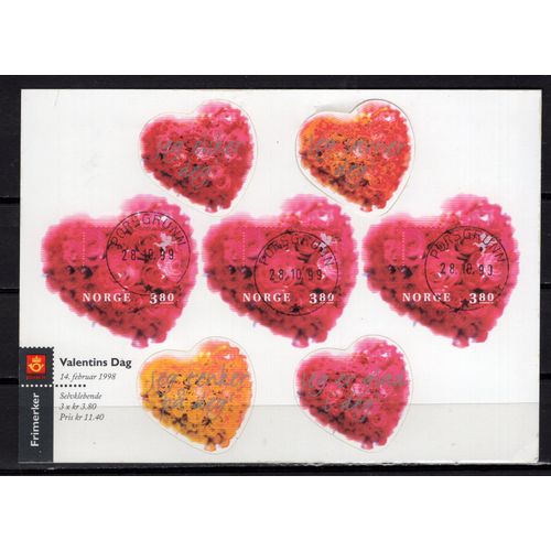 Norvege 1998 Saint Valentin Petite Feuille De 3 Timbres Autoadhesif Et 4 Coeurs Oblitere