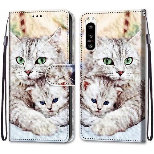 Coque Pour Sony Xperia 5 Iv, Etui En Cuir Pu Portefeuille Housse Coque Avec 360 Degres Silicone Antichoc Protection Cover Cuir Pochette Magnetique Und Flip Bequille (Chats 2)