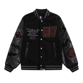 Automne Hiver Aviator Pu Manches Flocage Lettre Broderie Baseball Costume Hommes Manteau Noir 8817 - M