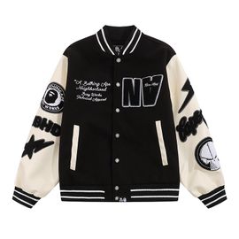 Automne Hiver Aviator Pu Manches Flocage Lettre Broderie Baseball Costume Hommes Manteau Noir 8818 - M