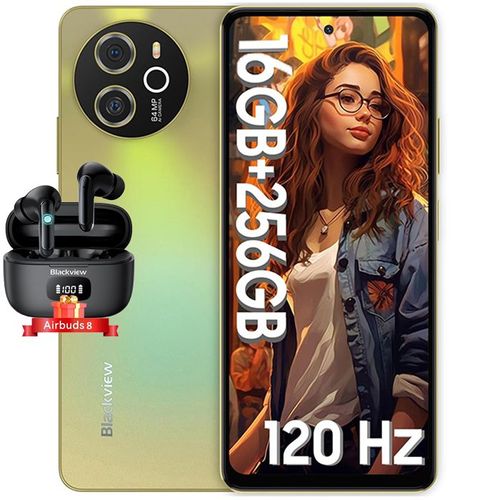 Blackview Shark 8 Téléphone Portable Débloqué 16Go+256Go 6.78" 64MP 5000mAh NFC Or avec Écouteurs Bluetooth Airbuds 8