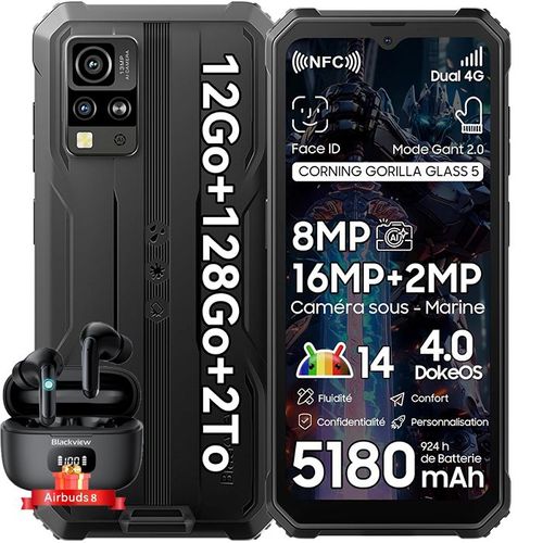 Blackview BV4800 Pro Smartphone Incassable Android 14 12Go+128Go Écran 6.56" 5180mAh 16MP+8MP NFC Noir avec Blackview Airbuds 8