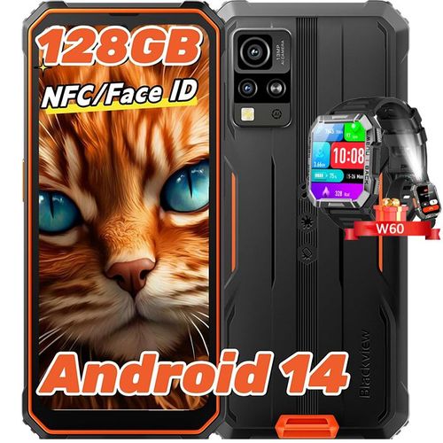 Blackview BV4800 Pro Téléphone portable Incassable Android 14 12Go+128Go 6.56" 5180mAh 16MP+8MP NFC Orange avec Smartwatch Blackview W60