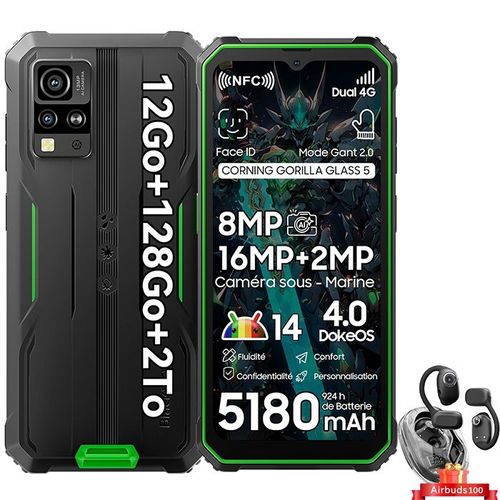 Blackview BV4800 Pro Smartphone Incassable Android 14 12Go+128Go Écran 6.56" 5180mAh 16MP+8MP NFC Vert avec Blackview Airbuds 100