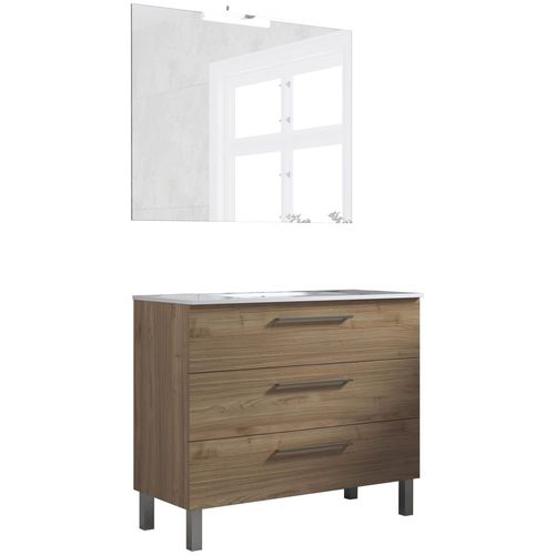 Ensemble De Salle De Bain Meuble 100cm Stay Three Classic Bois Clair - Vasque En Céramique - Miroir Sur Châssis - Applique Lumineuse