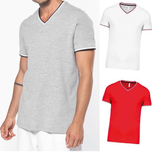 Lot 3 T-Shirts Manches Courtes Coton Piqué Col V K374 - Gris - Rouge - Blanc - Homme
