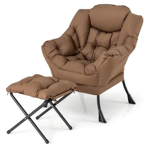 Costway Fauteuil Relax Avec Repose-Pieds Pliable, Fauteuil Scandinave De Salon Avec Coussin Amovible Pour Intérieur Extérieur Marron