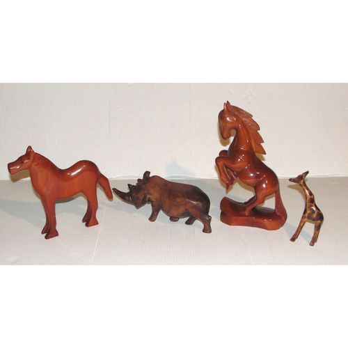 Animaux en bois sculpture chevaux lot 4 statuettes cheval rhinocéros girafe