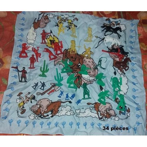 34 Figurines Cow-Boys Indiens Pompiers Plastique De 3 À 5 Cm + Foulard Indien 43 Cm