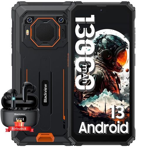 Blackview BV6200 Téléphone Portable Incassable 13000mAh Android 13 6,56" 8Go+64Go 13MP IP68 Orange avec Blackview Airbuds 8