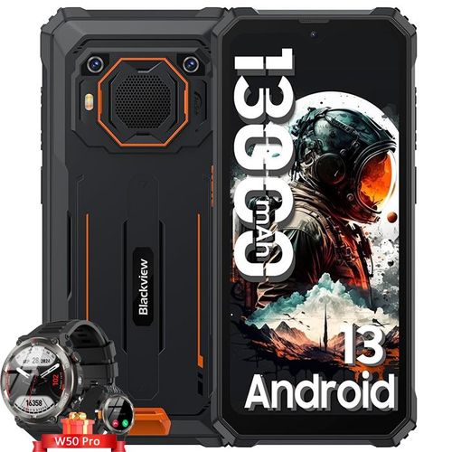 Smartphone Incassable Blackview BV6200 13000mAh Android 13 6,56" 8Go+64Go 13MP IP68 Orange avec Smartwatch Blackview W50 Pro
