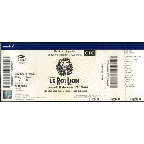 Ticket Spectacle Le Roi Lion Disney Théâtre Mogador Paris