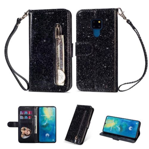 Poche À Fermeture Éclair Étui Pour Huawei Mate 20 Sangle De Poignet Titulaire De La Carte Étui Portefeuille À Paillettes Fermeture Magnétique Cuir Pu - Noir