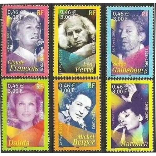 France 2001, Très Belle Série Complète Neuve** Luxe Artistes De La Chanson, Timbres Yvert 3391 Claude François, 3392 Léo Ferré, 3393 Serge Gainsbourg, 3394 Dalida, 3395 Michel Berger, 3396 Barbara.