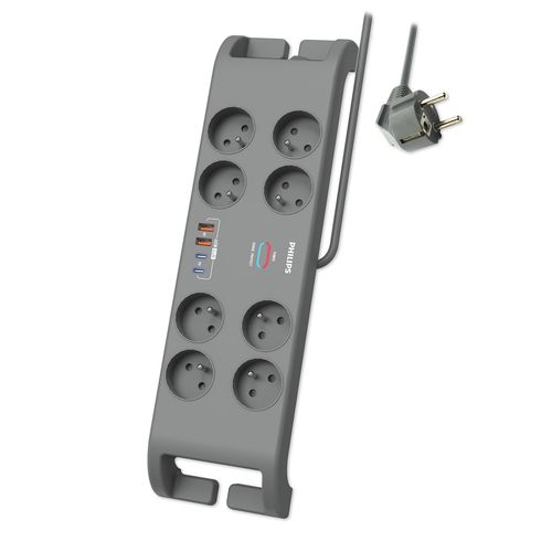 Philips - Réf:SPN9180GA/19 - Multiprise parasurtenseur, 8 prises+2xType-C+2xUSB-A-2m Gris