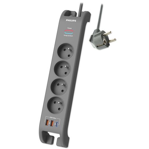 Philips - Réf:SPN4140GA/19 - Multiprise parasurtenseur, 4 prises+Type-C+2xUSB-A-2m Gris